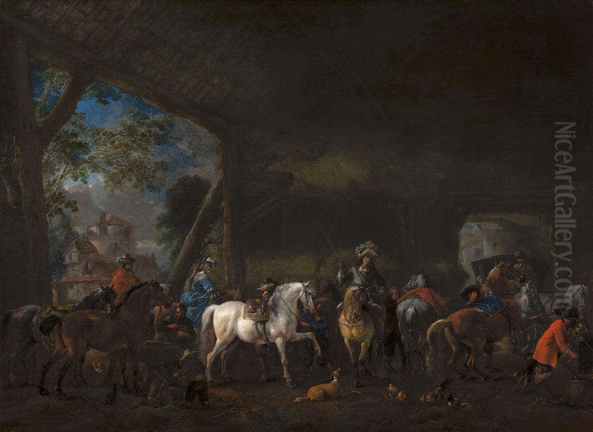 'The Arrival at the Stable' Oil Painting by Philips Wouwerman