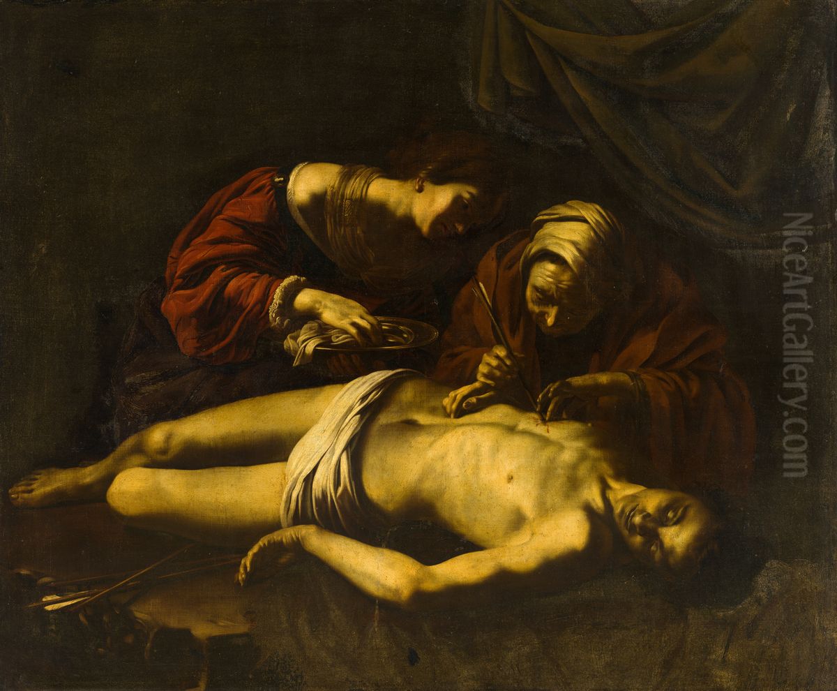 St Sebastian Tended by St Irene Oil Painting by Nicolas Regnier