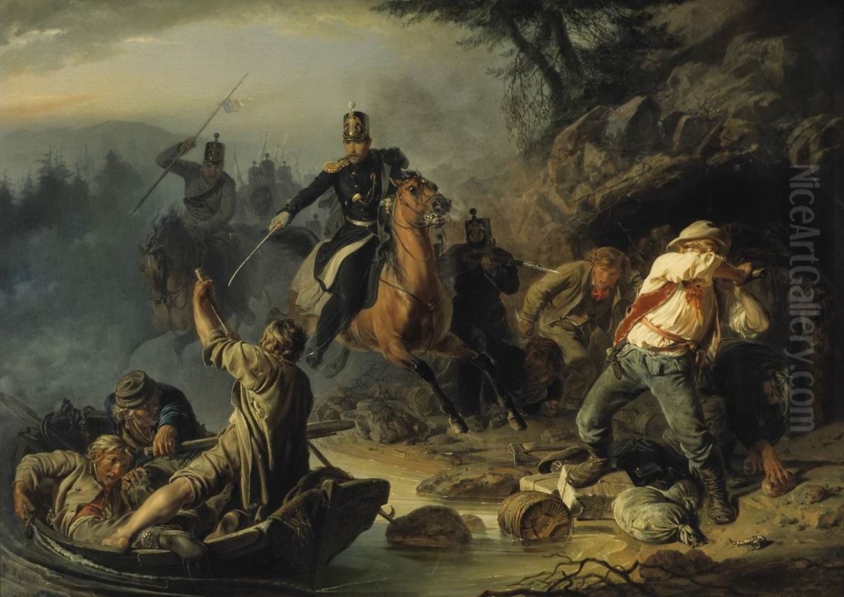 Kahakka suomalaisten salakuljettajien kanssa Oil Painting by Vasily Khudiakov