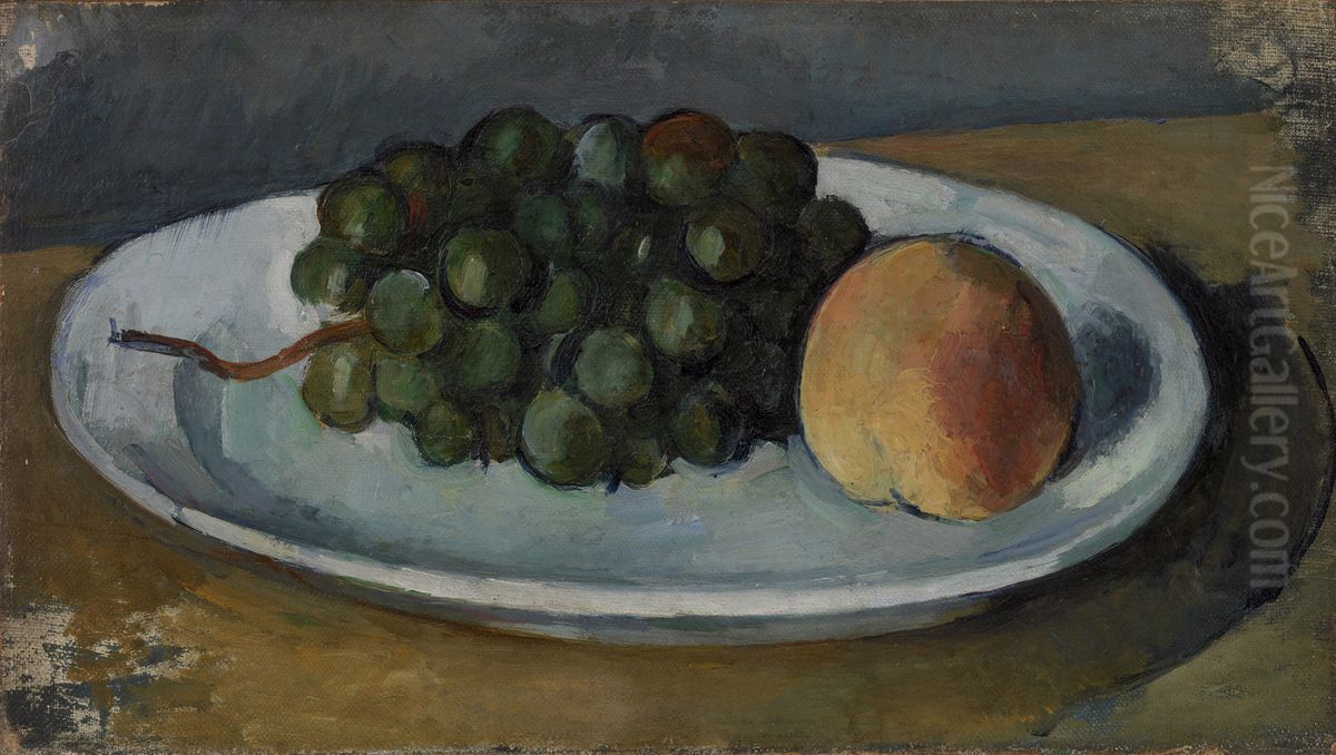 Grappe de raisin et peche sur une assiette Oil Painting by Paul Cezanne