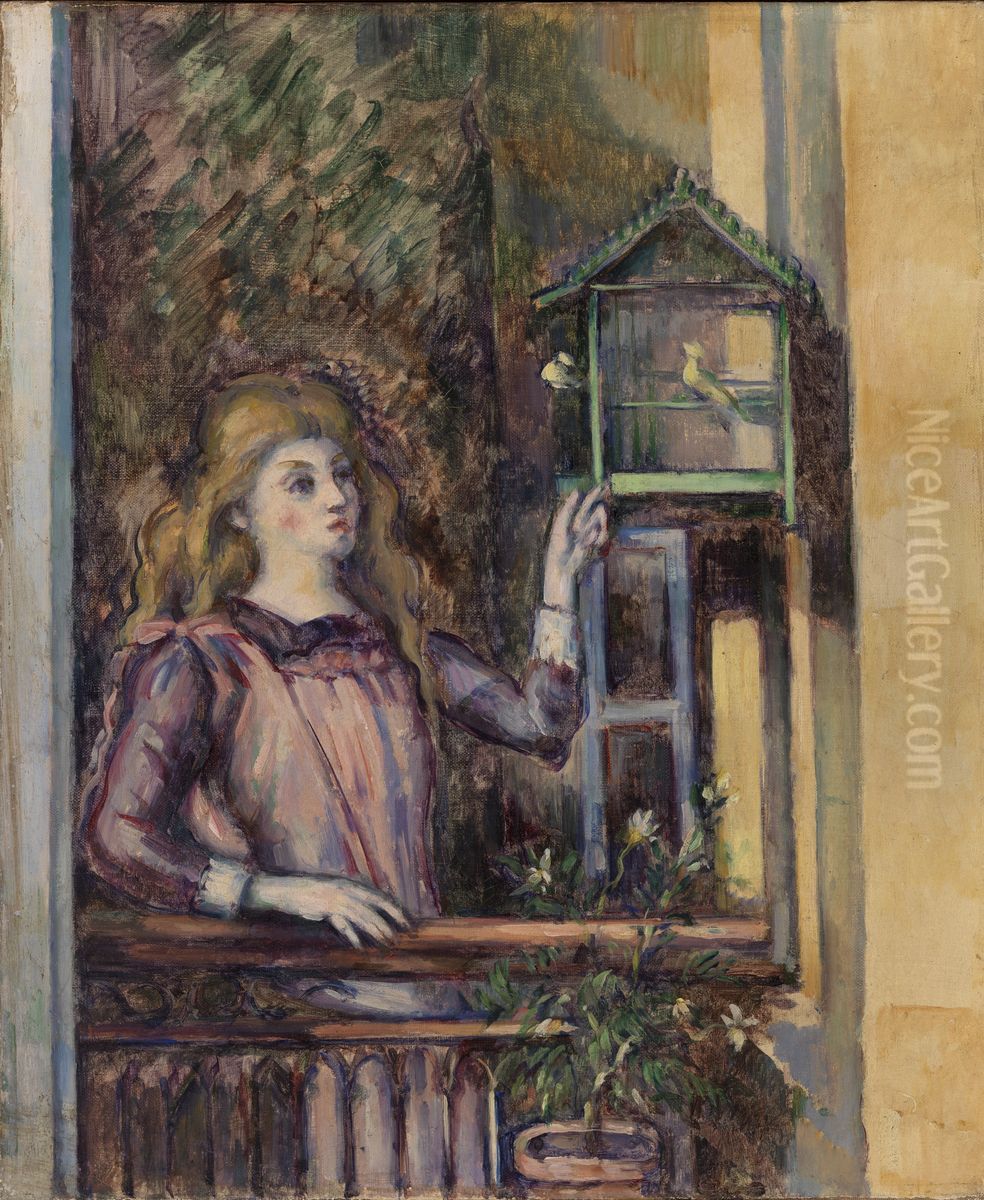 Girl with Birdcage (Jeune fille a la voliere) Oil Painting by Paul Cezanne