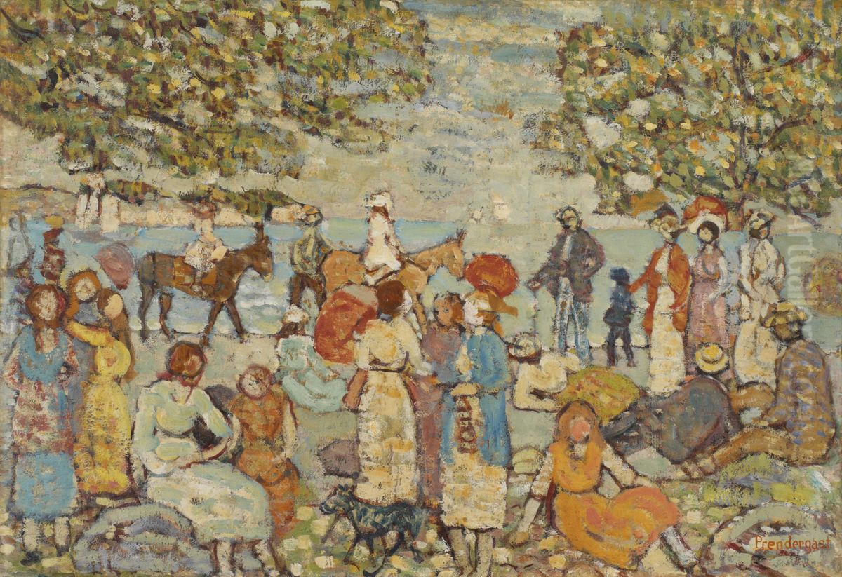 Beach Scene with Donkeys (or Mules) Oil Painting by Maurice Prendergast