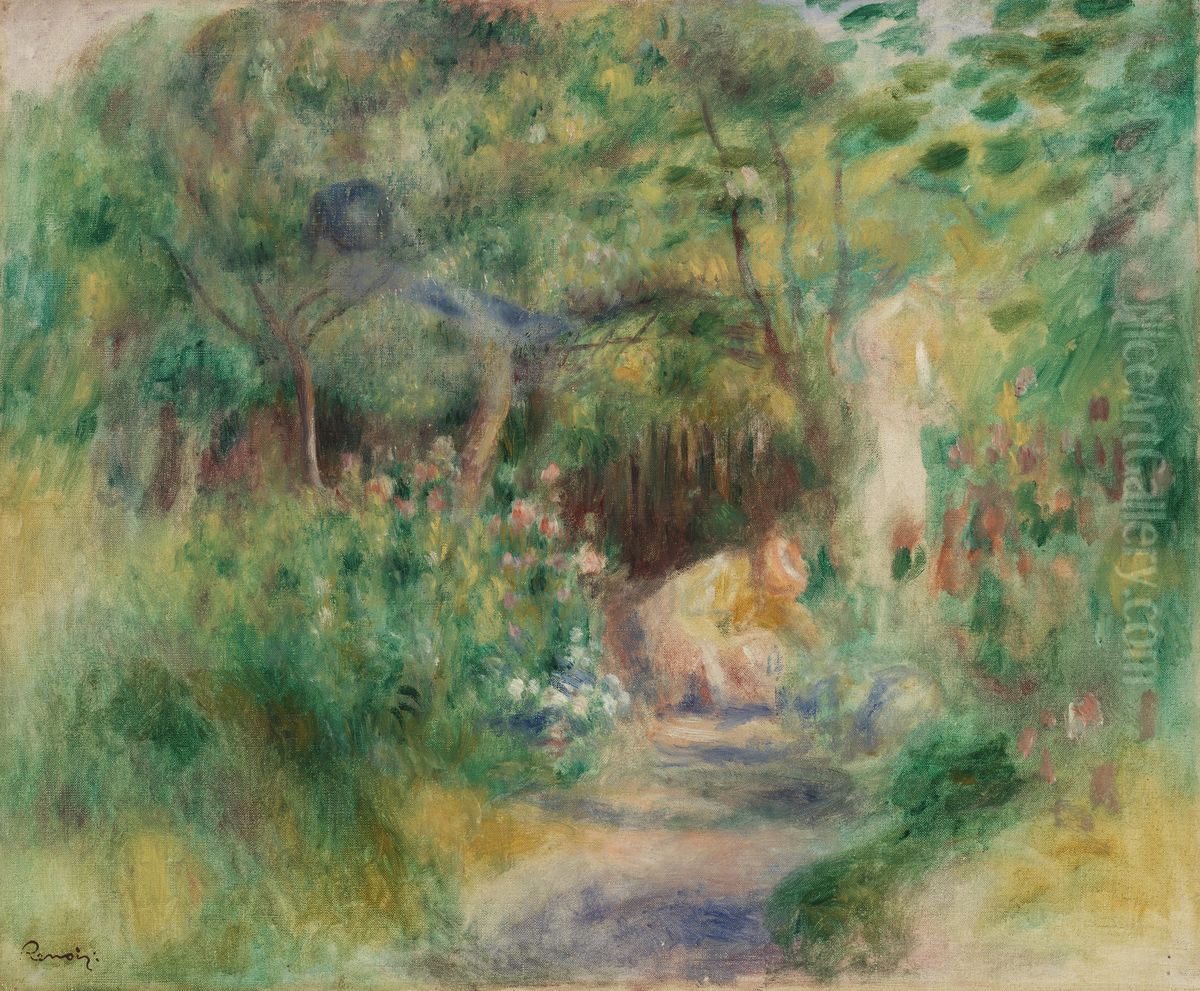 Landscape with Woman Gardening (Paysage et femme jardinant) Oil Painting by Pierre Auguste Renoir