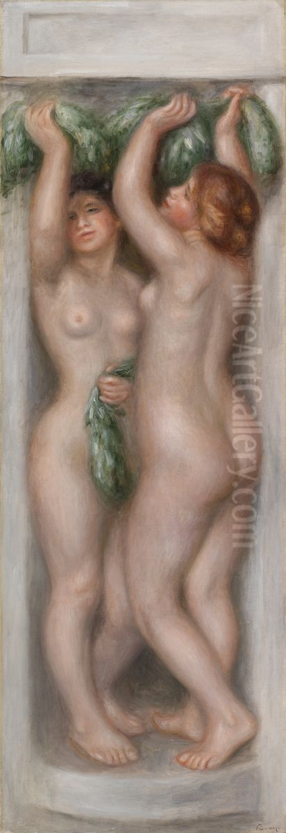 Caryatids (Cariatides); also called Deux baigneuses (panneau decoratif) Oil Painting by Pierre Auguste Renoir
