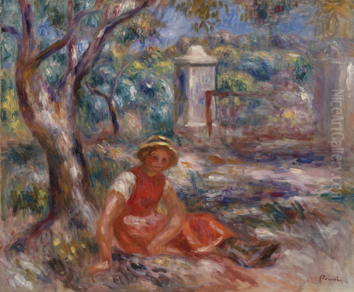 Girl at the Foot of a Tree (Fillette au pied d'un arbre) Oil Painting by Pierre Auguste Renoir