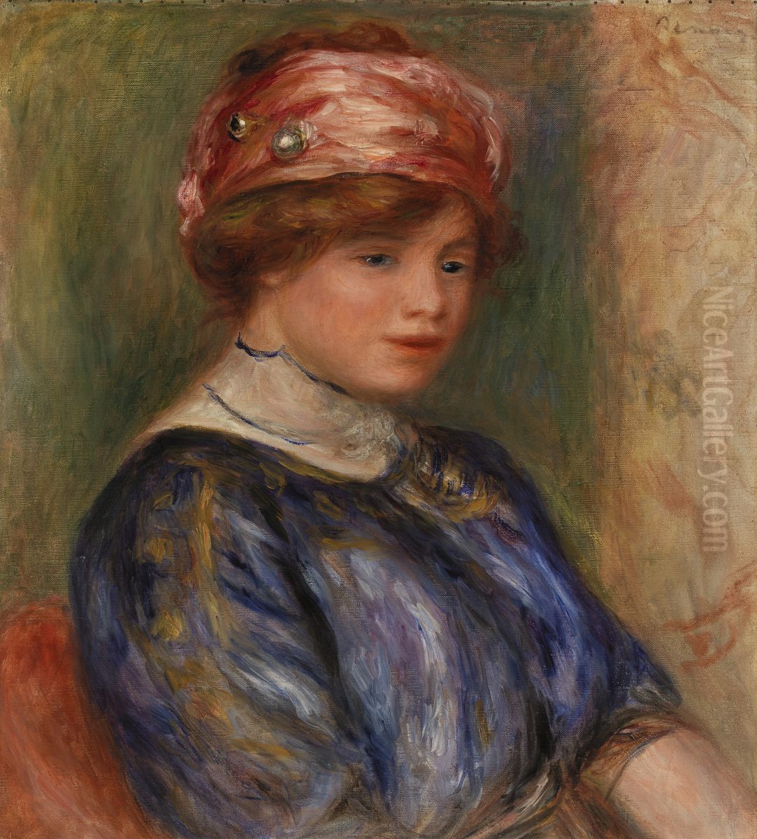Young Woman in Blue, Bust (Jeune femme en corsage bleu, buste) Oil Painting by Pierre Auguste Renoir