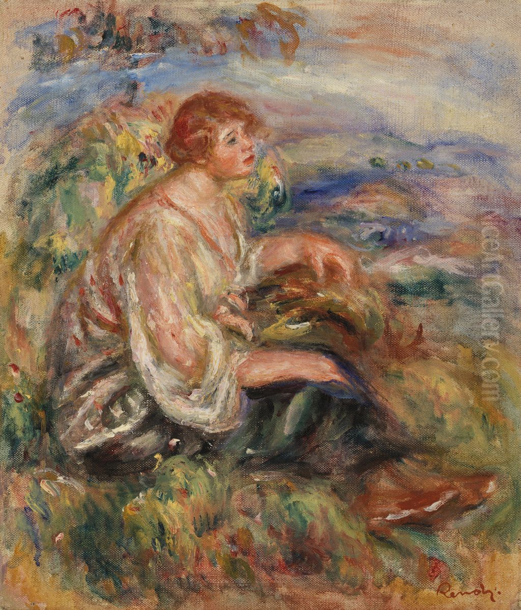 Woman in Tulle Blouse and Black Skirt (Femme en blouse de tulle et en jupe noire dans un paysage) Oil Painting by Pierre Auguste Renoir