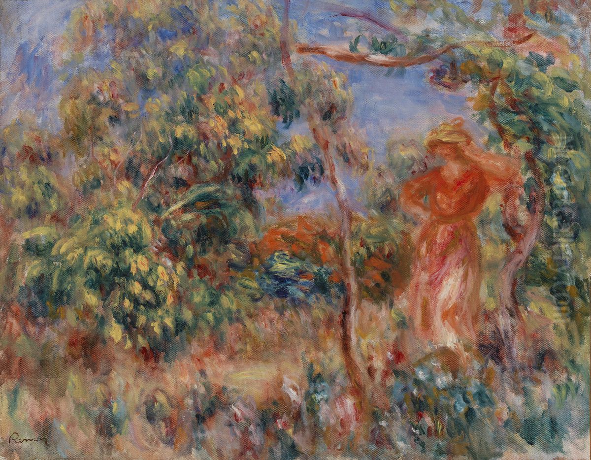 Woman in Red in a Landscape (Femme en rouge dans un paysage) Oil Painting by Pierre Auguste Renoir