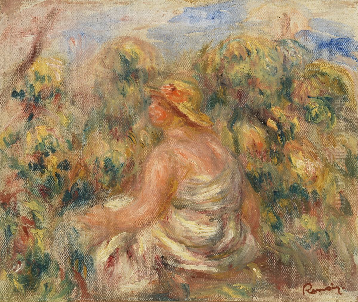 Woman with Hat in a Landscape (Femme avec chapeau dans un paysage) Oil Painting by Pierre Auguste Renoir