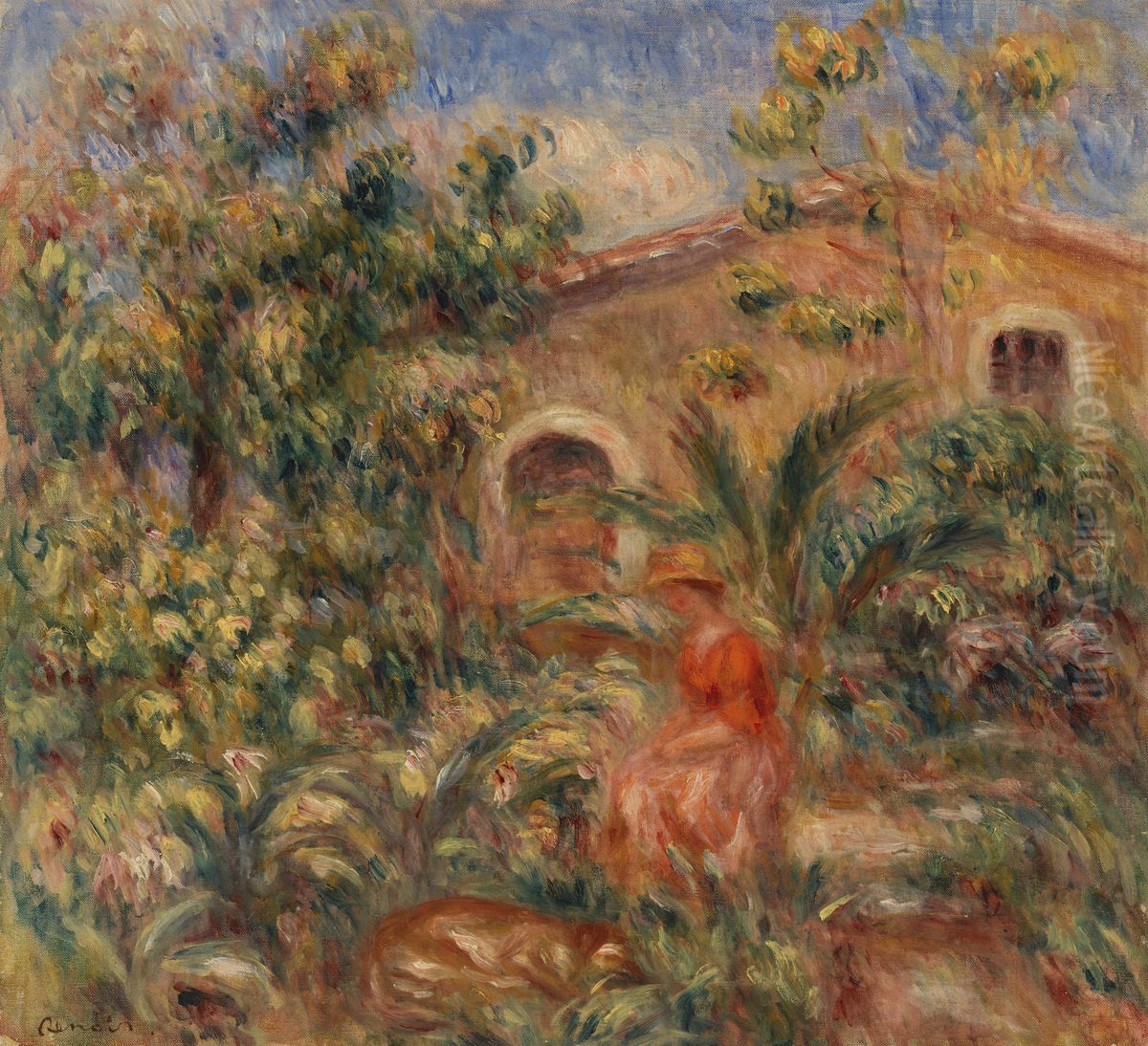 Landscape with Woman and Dog (Femme et chien dans un paysage) Oil Painting by Pierre Auguste Renoir