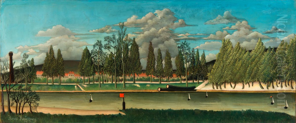 View of the Quai d' Asnieres (Vue du quai d'Asnieres); also called The Canal and Landscape with Tree Trunks (Le Canal and Paysage avec troncs d'arbre) Oil Painting by Henri Julien Rousseau