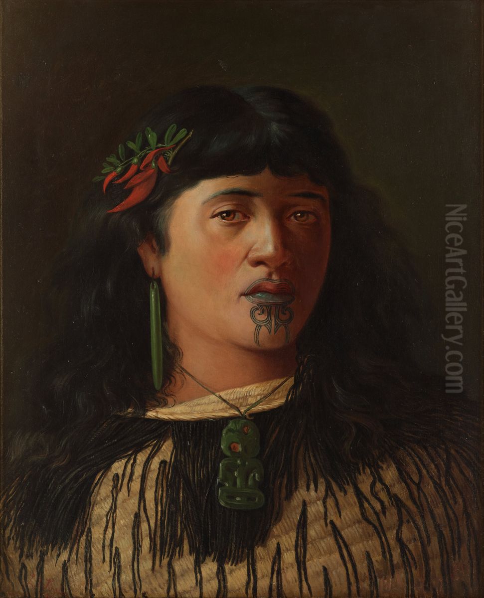 Portrait of a young Maori woman with moko Oil Painting by Louis John Steele