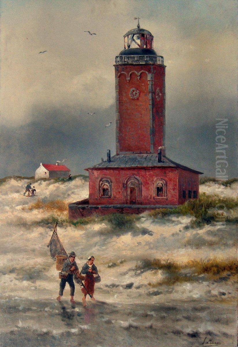 Oude vuurtoren met garnaalvisser Oil Painting by Francois Musin