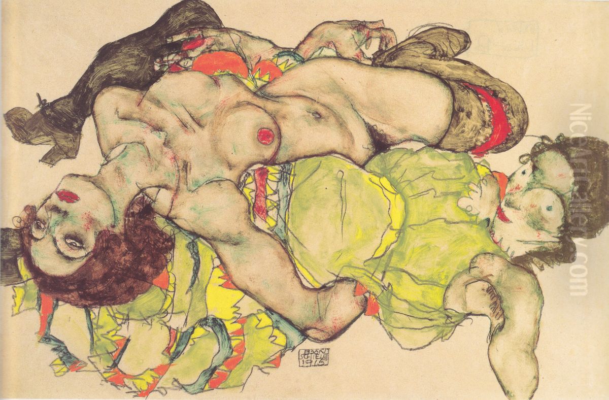 Female lovers Oil Painting by Egon Schiele