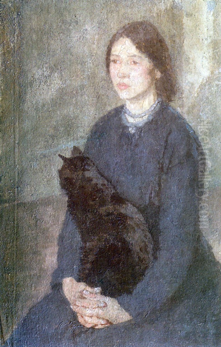 Young Woman Holding a Black Cat Oil Painting by Gwen John