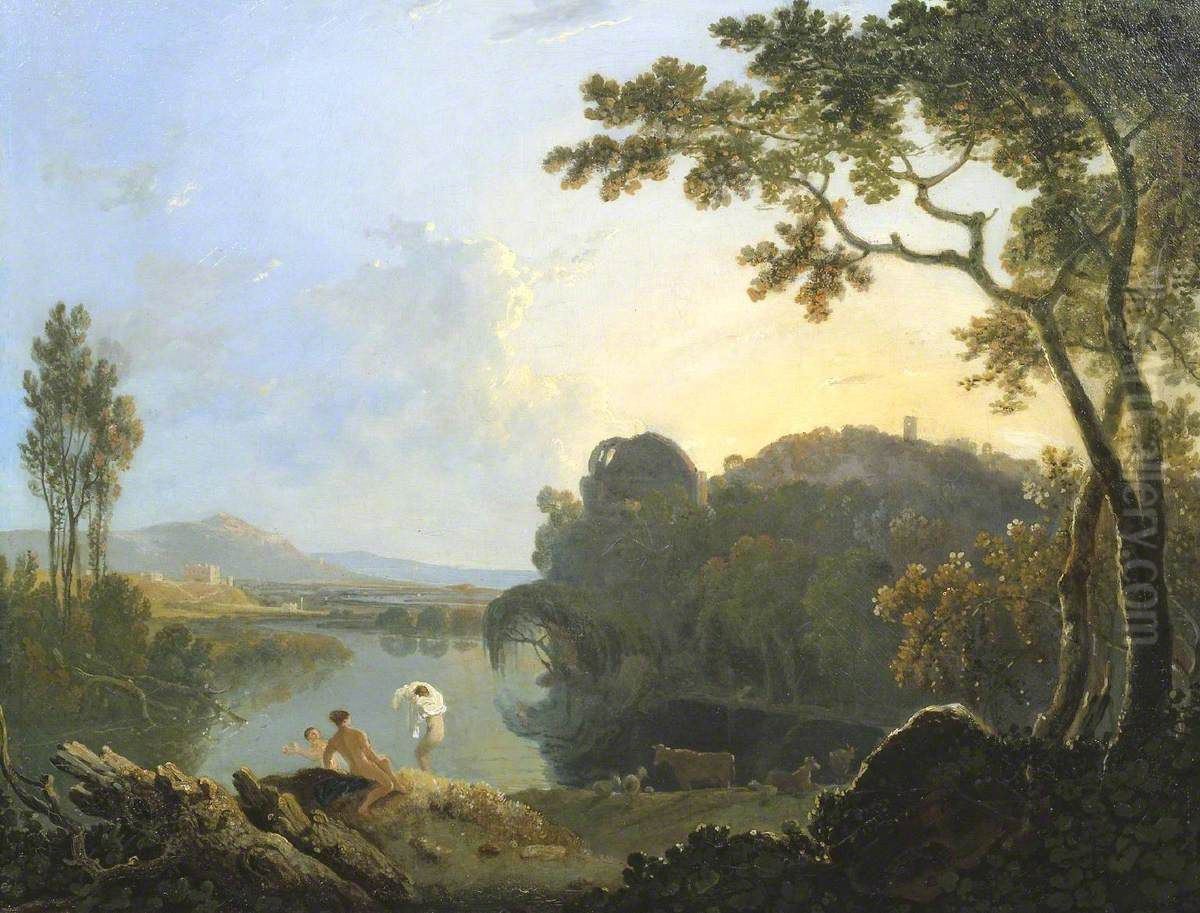 Landscape with Bathers, Cattle and Ruin Oil Painting by Richard Wilson
