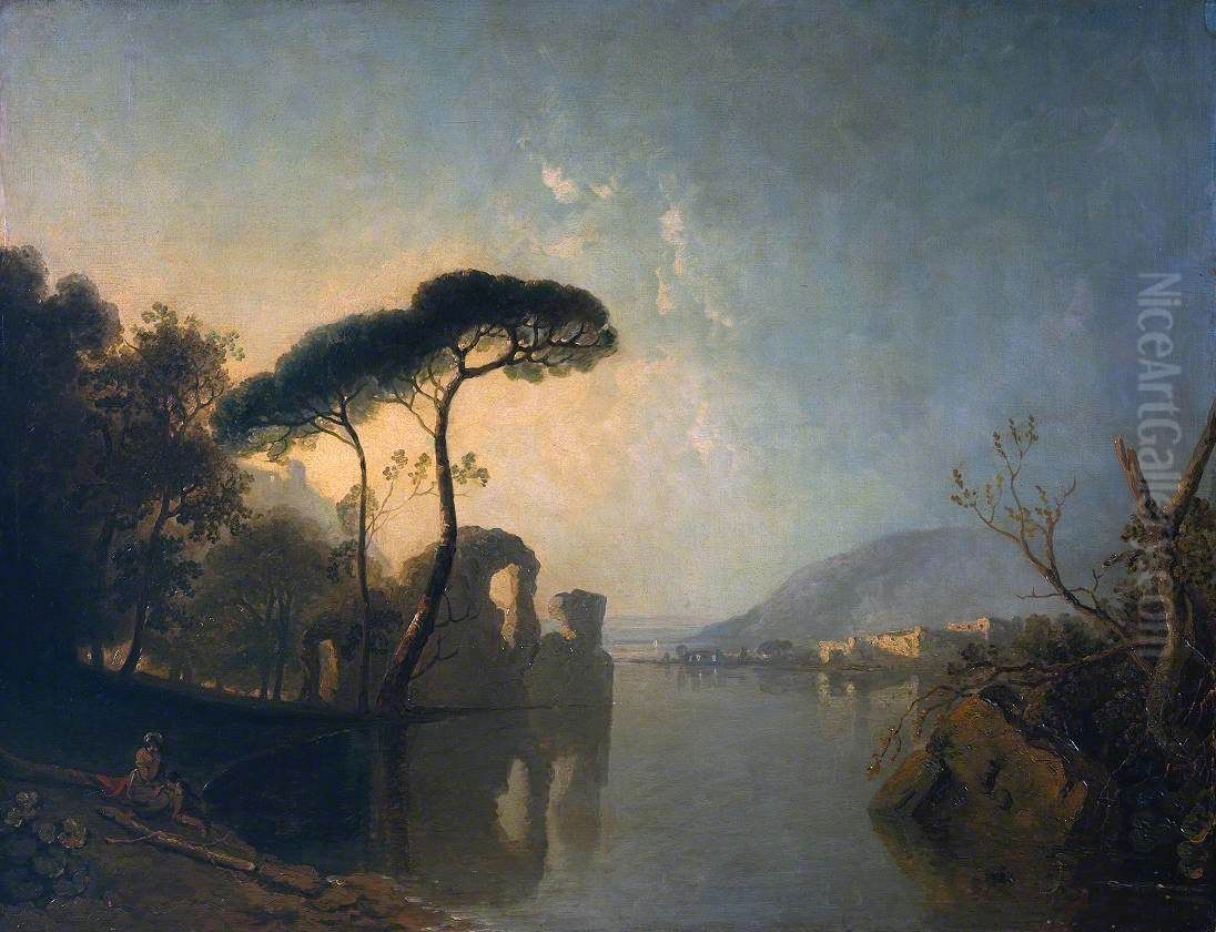 Lake, Ruin and Pine Trees Oil Painting by Richard Wilson