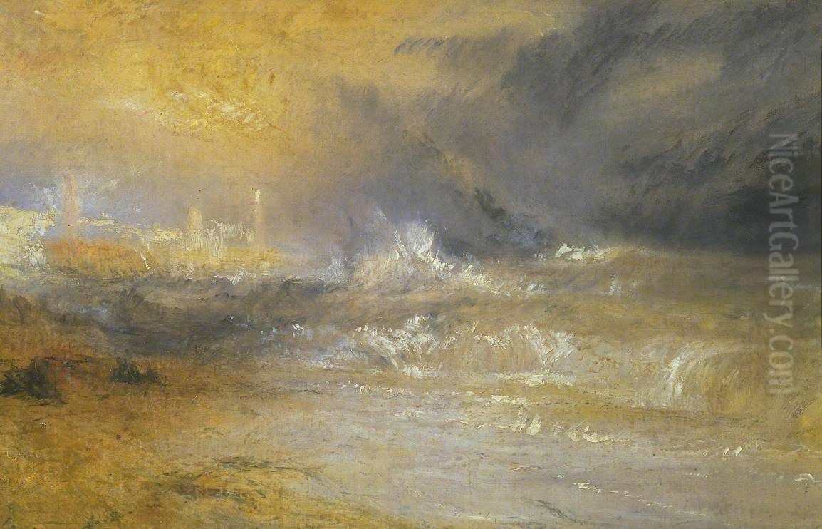 Waves Breaking on a Lee Shore at Margate (Study for 'Rockets and Blue Lights') Oil Painting by J. M. W. Turner