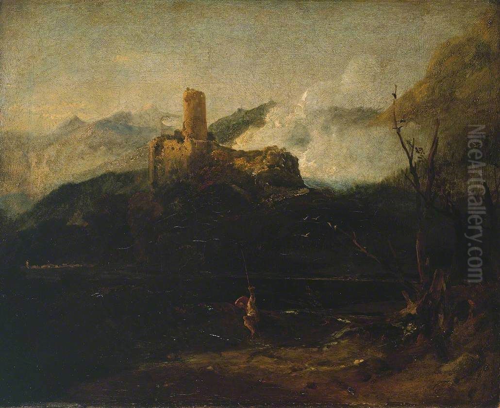 Mountain Scene with Castle, Probably Martigny Oil Painting by J. M. W. Turner