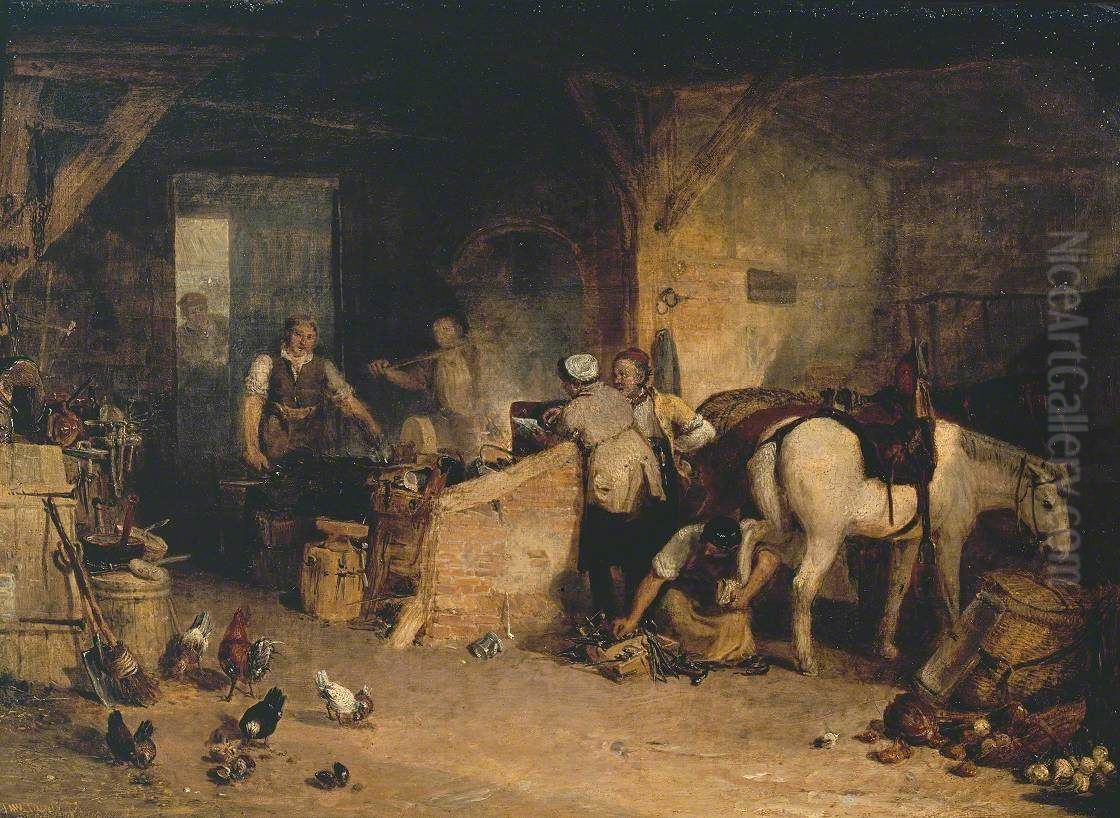 A Country Blacksmith Disputing upon the Price of Iron, and the Price Charged to the Butcher for Shoeing his Poney Oil Painting by J. M. W. Turner