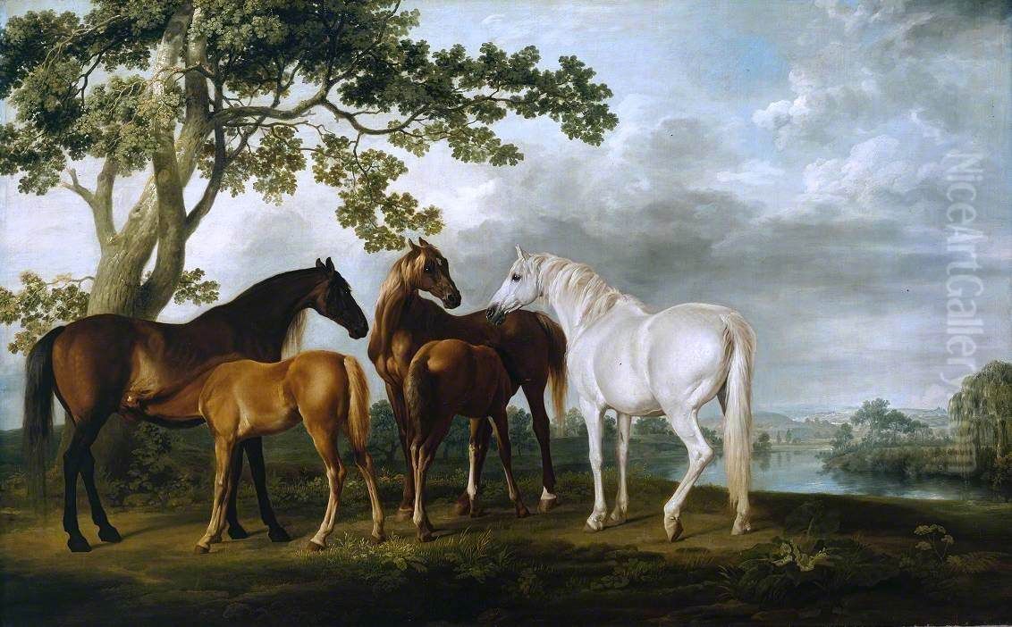 Mares and Foals in a River Landscape Oil Painting by George Stubbs