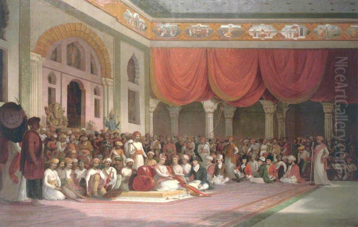 Sir Charles Warre Malet, Concluding a Treaty in 1790 in Durbar with the Peshwa of the Maratha Empire Oil Painting by Thomas Daniell