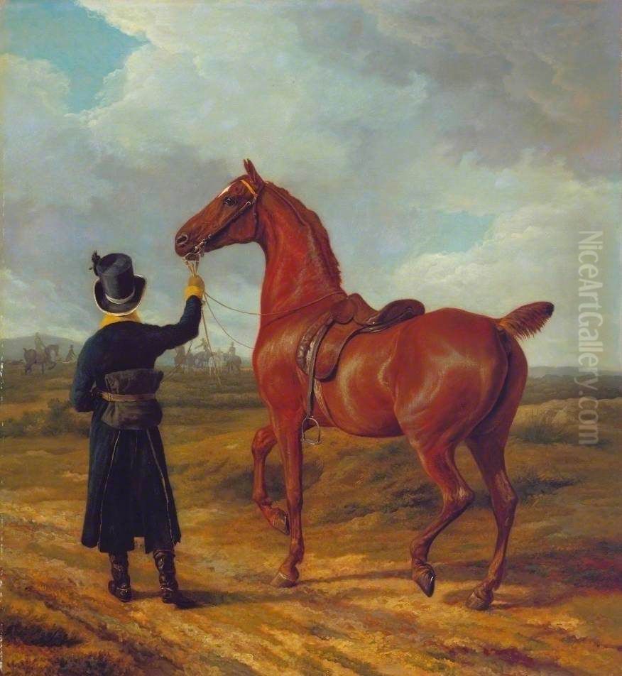 Lord Rivers's Groom Leading a Chestnut Hunter towards a Coursing Party in Hampshire Oil Painting by Jacques-Laurent Agasse
