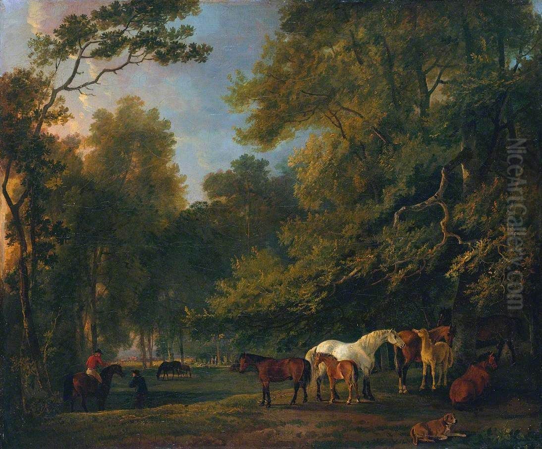 Broodmares and Colts in a Landscape Oil Painting by George Barret, Sr.