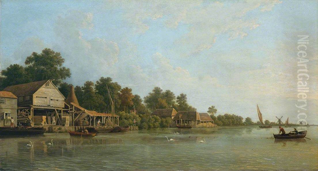 A Sunset, with a View of Nine Elms Oil Painting by Samuel Scott