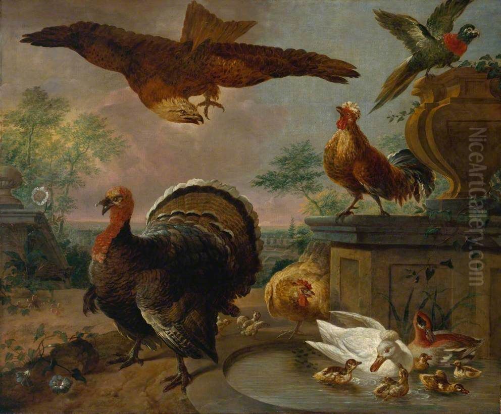 A Turkey and other Fowl in a Park Oil Painting by Jan Griffier I