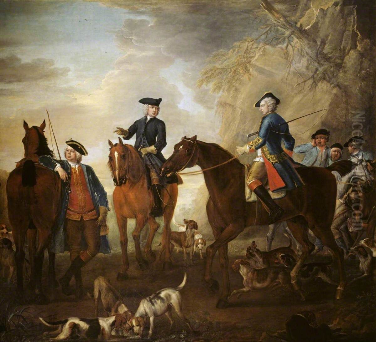 Mr Jackson, the Hon. Henry Villiers and the Hon. Thomas Villiers, with Hunters and Hounds Oil Painting by John Wootton