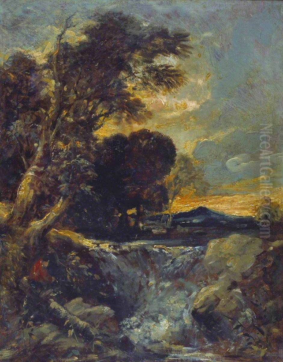 Waterfall with Fisherman Oil Painting by William James Muller