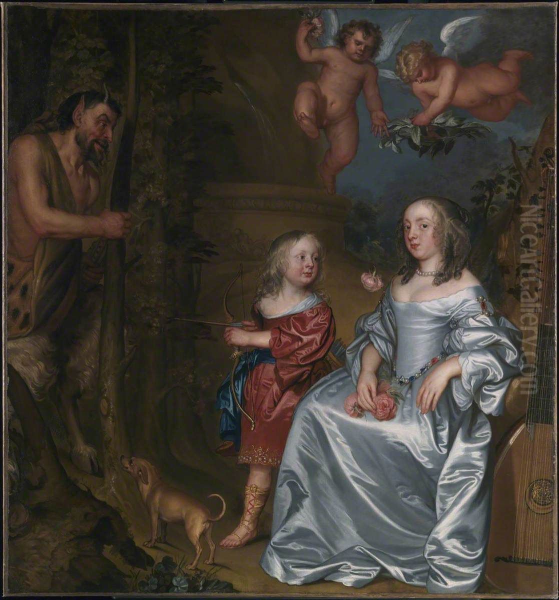 Portrait of a Lady and a Boy, with Pan Oil Painting by John Hayls