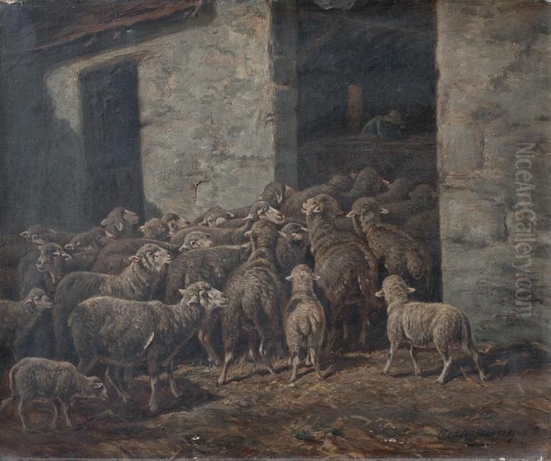 Ovejas En El Establo Oil Painting by Charles Ferdinand Ceramano