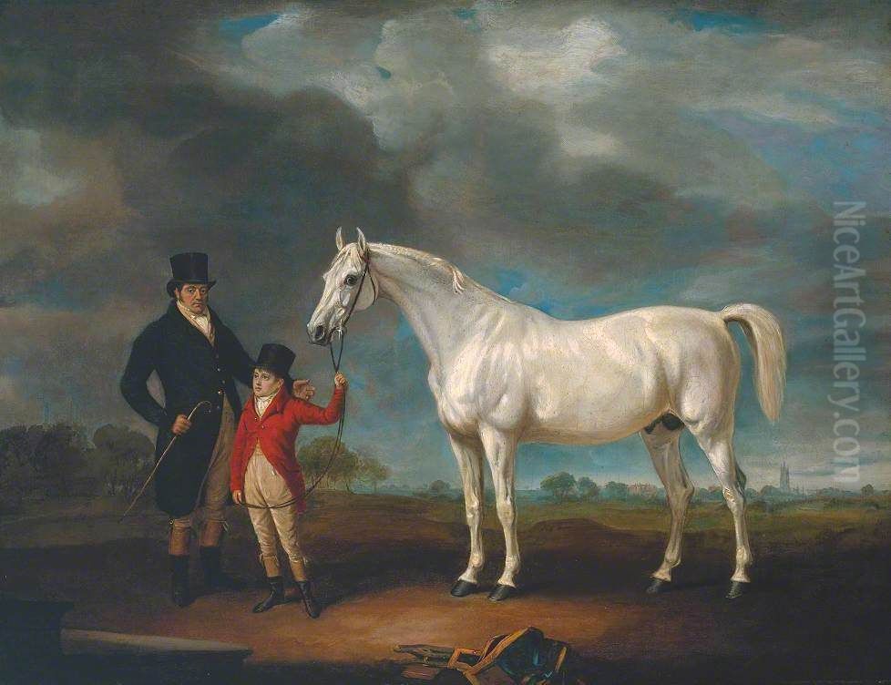 Mr Powell and his Son, with Norton, a Grey Hunter Oil Painting by John Ferneley