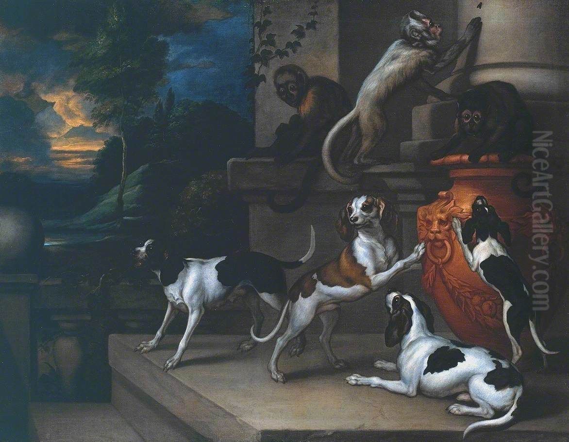 Monkeys and Dogs Playing Oil Painting by Francis Barlow