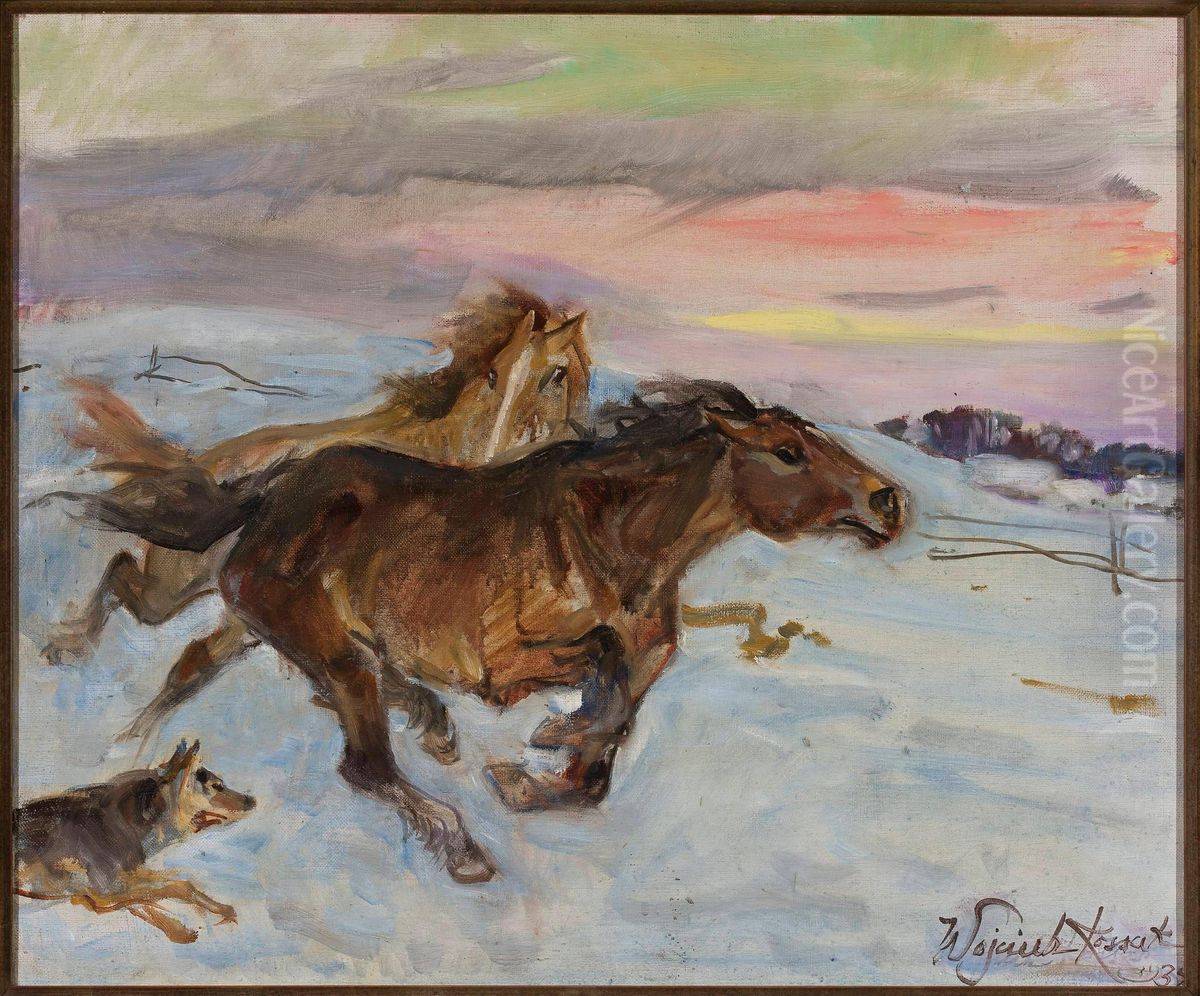Ucieczka koni przed wilkiem Oil Painting by Wojciech Kossak