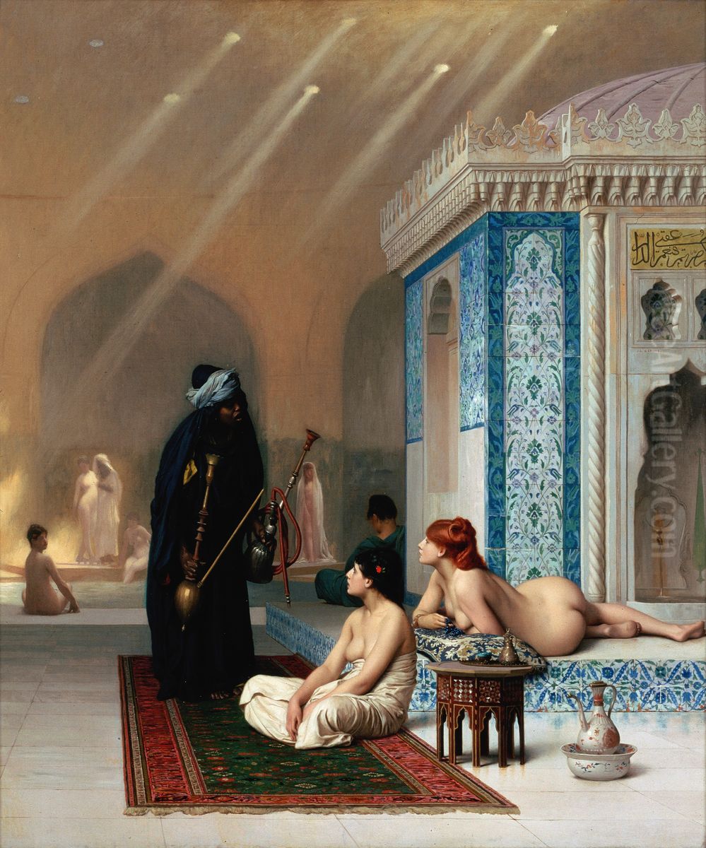 Pool in a Harem.Francais:Une piscine dans le harem.Turkce:Ozellikleoryantalist,mitolojikve tarihi konulari isleyen tablolariyla taninanJean-Leon Gerome'nin oryantalist bir tablosu. Tabloda birharem agasinin kadinlara hizmet edisi betimlenmistir. Oil Painting by Jean-Leon Gerome