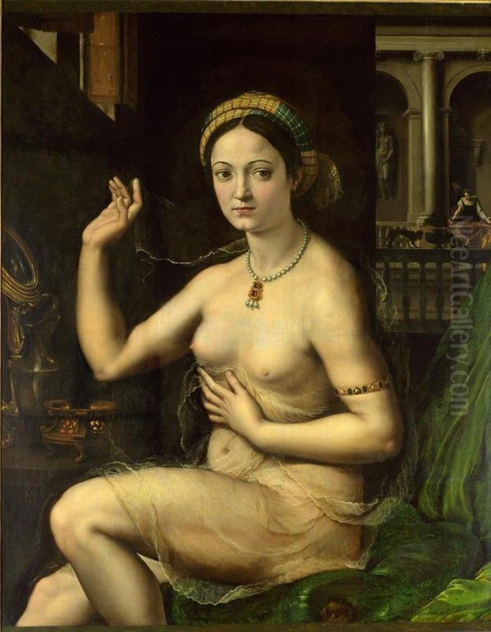Woman before the mirror Oil Painting by Giulio Romano (Orbetto)