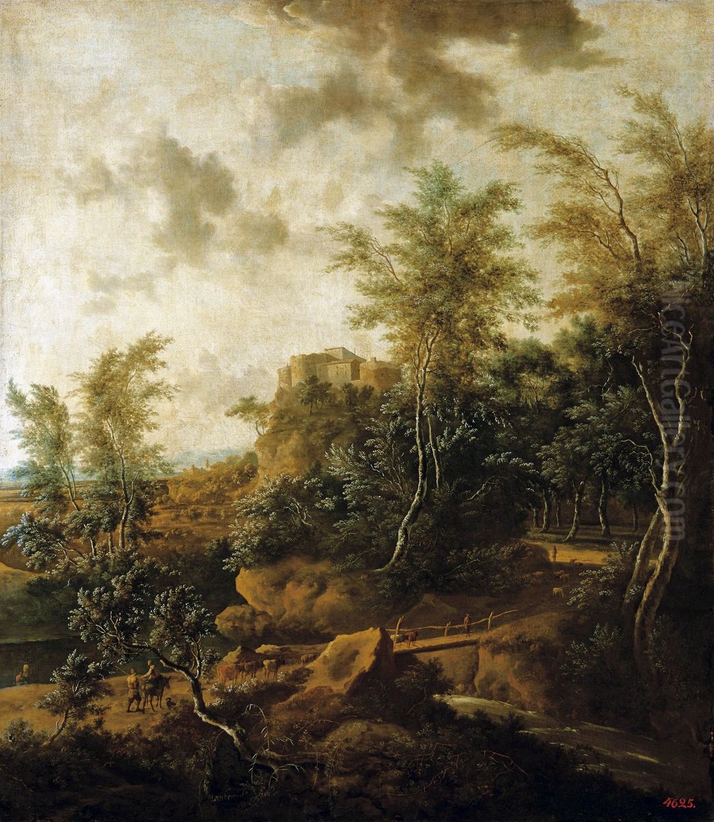 Forest landscape with a castle. Oil Painting by Frederik de Moucheron