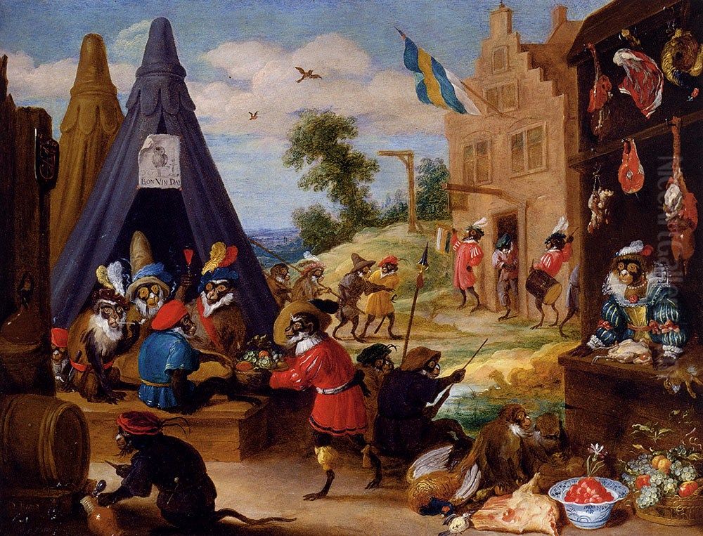 A Monkey Encampment Oil Painting by David Teniers the Younger
