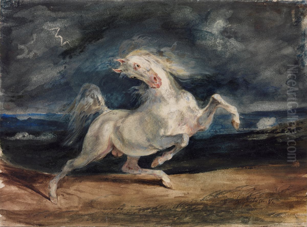 Horse Frightened by Lightning Oil Painting by Eugene Delacroix