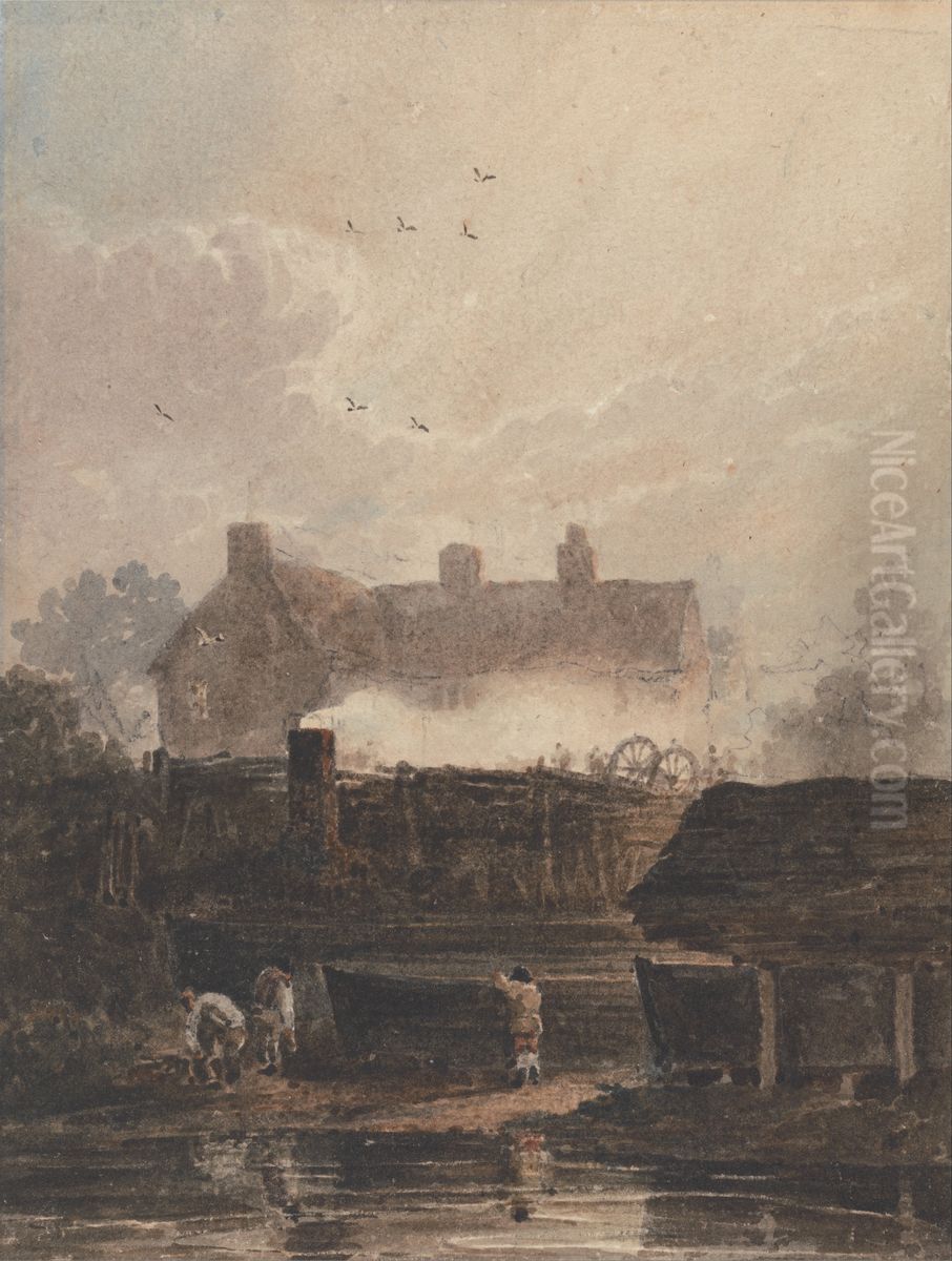 Boat Building - Dockyard at Birmingham Oil Painting by David Cox