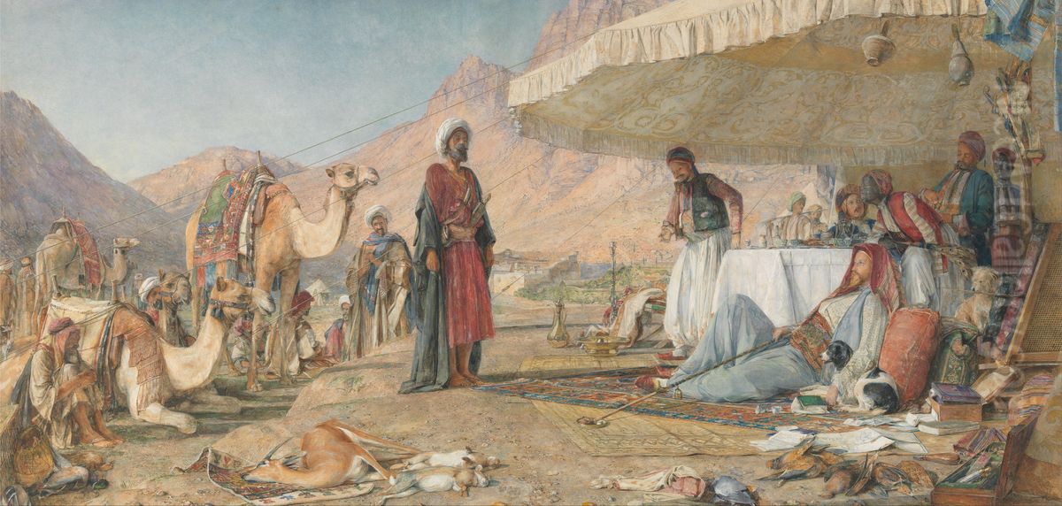 A Frank Encampment in the Desert of Mount Sinai. 1842 - The Convent of St. Catherine in the Distance Oil Painting by John Frederick Lewis
