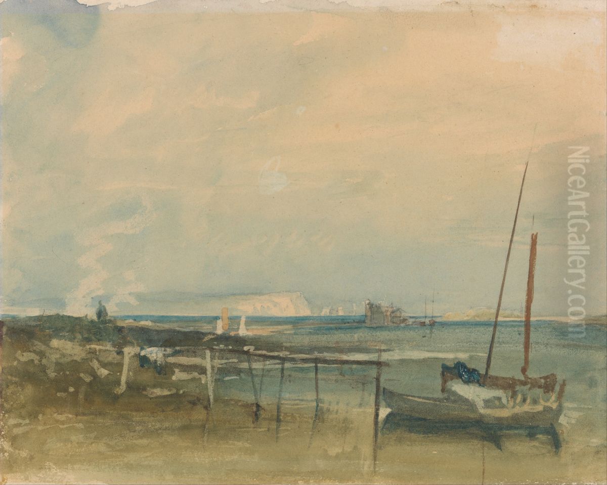 Coast Scene with White Cliffs and Boats on Shore Oil Painting by J. M. W. Turner