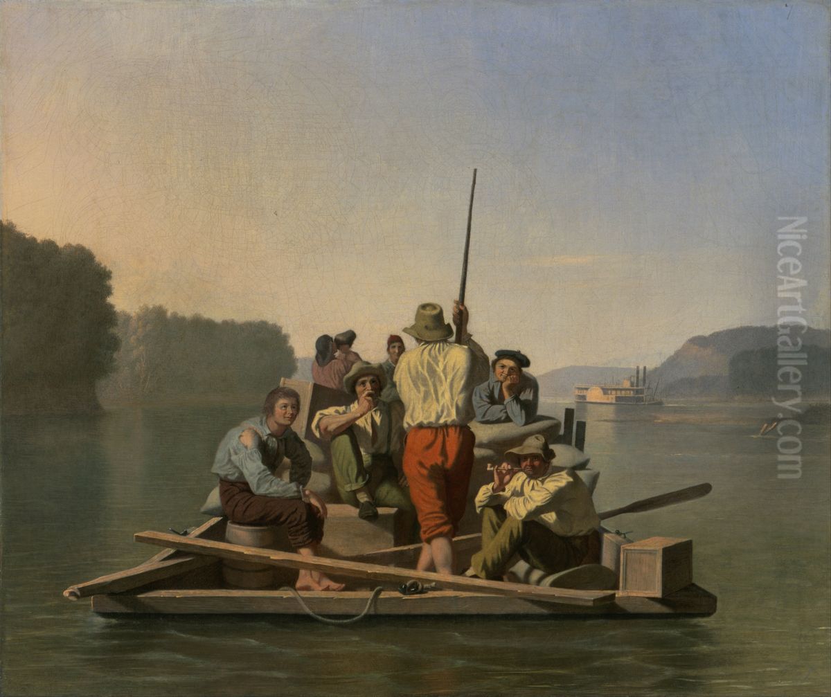 LighterRelieving a Steamboat Aground Oil Painting by George Caleb Bingham