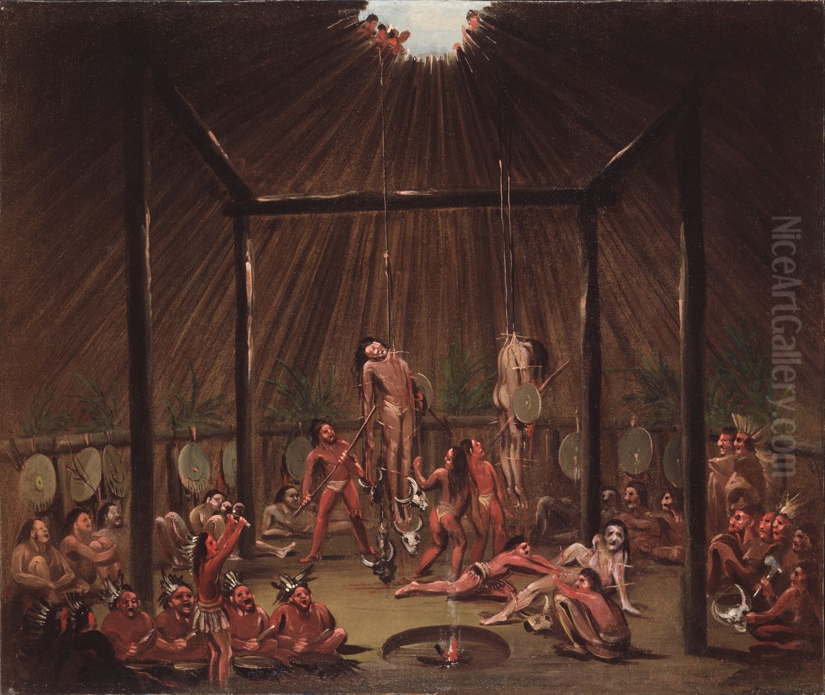 The Cutting Scene, Mandan O-kee-pa Ceremony Oil Painting by George Catlin