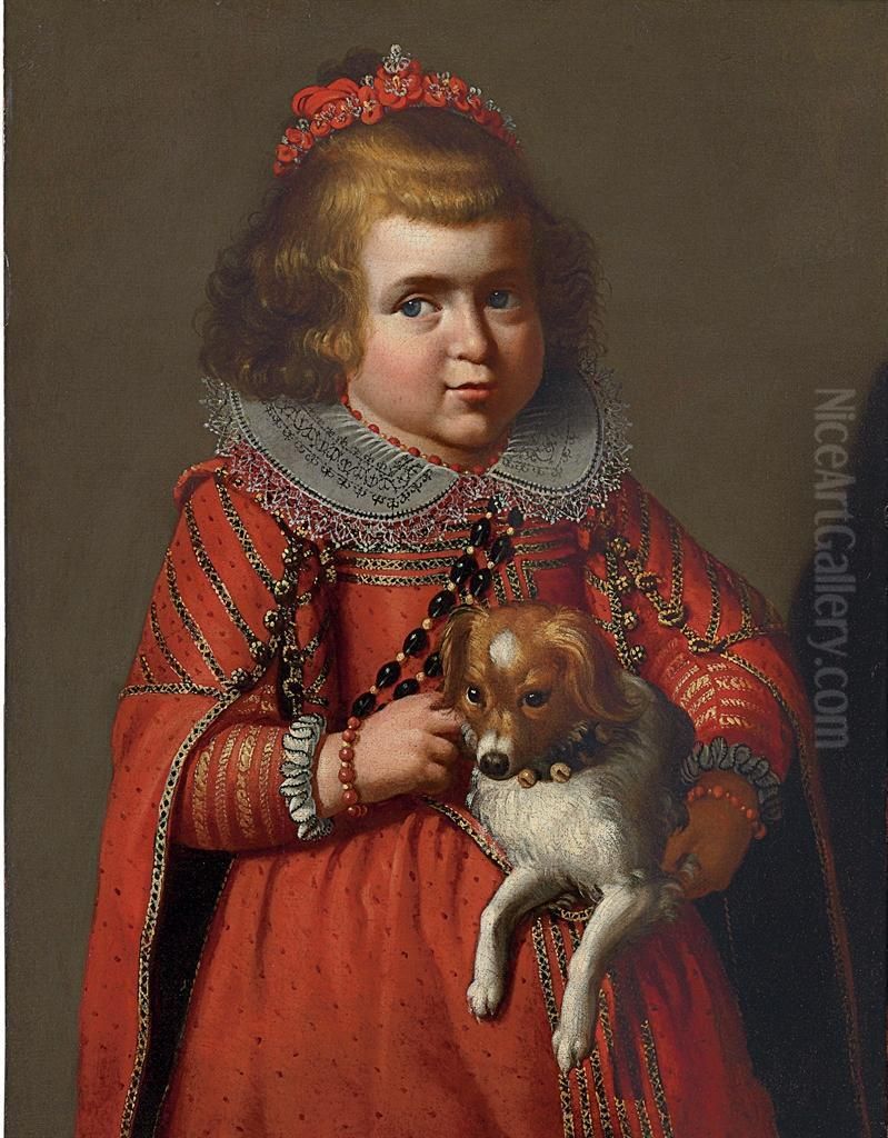Portrait Of A Girl In A Red Dress Holding Her Dog Oil Painting by Carlo Ceresa