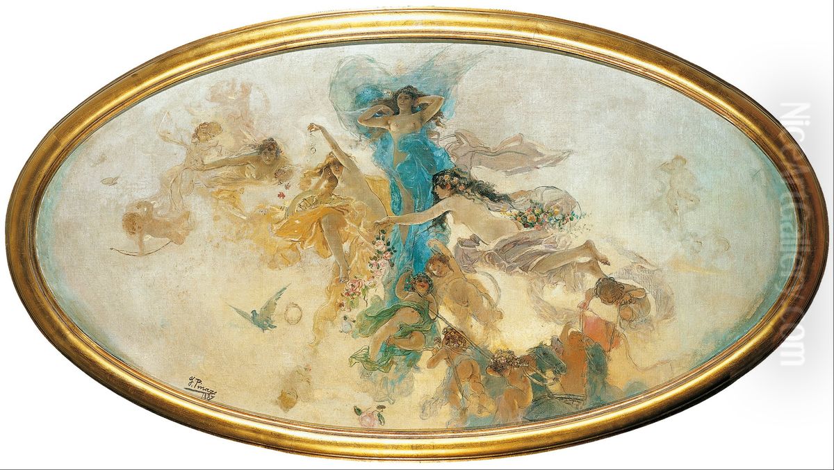 Nymphs and Cupids (sketch) Oil Painting by Ignacio Pinazo Camarlench