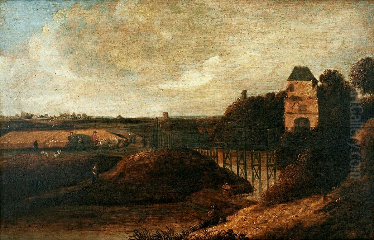 Landscape with moated castle. Oil Painting by Jacob Knijff